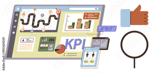 Business growth, data analysis, financial planning, productivity, performance tracking, technology integration. A digital interface with charts, graphs and metrics. Business growth and data analysis