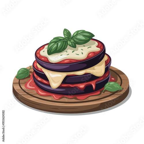 A delicious layered eggplant parmesan dish on a wooden plate with melted cheese and fresh basil leaves
