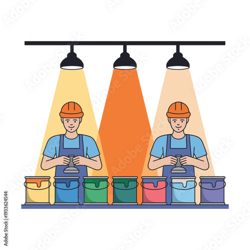 Two workers in hard hats and aprons standing behind a row of colorful buckets under bright spotlights