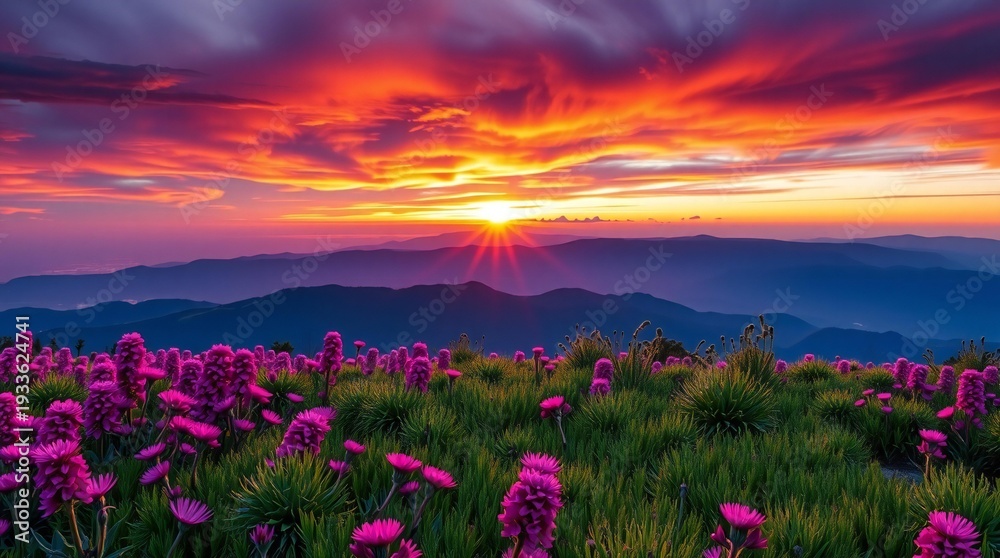 Fototapeta premium Vibrant sunset over a mountain landscape with purple wildflowers