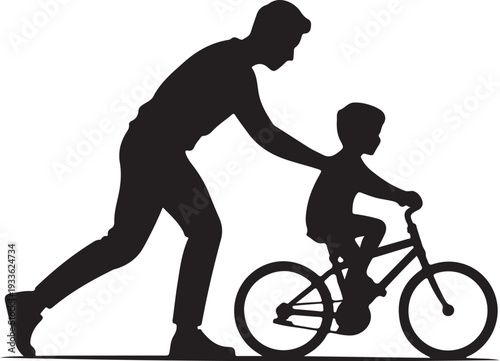 Silhouette of man pushing child on bicycle bike