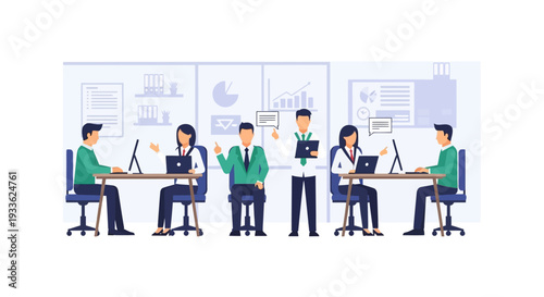 Business Professionals Working Together at Office Desks.