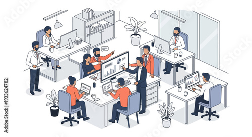 Office Workers at Desks with Computers.