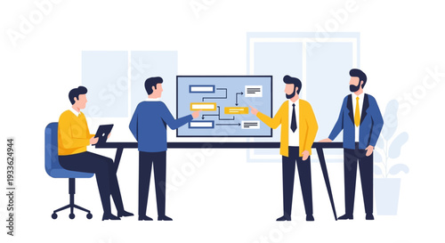 Businessmen discussing project on whiteboard together.