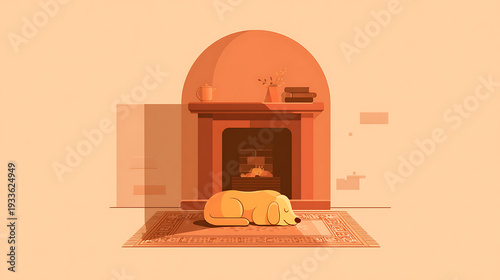 Cozy dog resting by a warm fireplace in a home