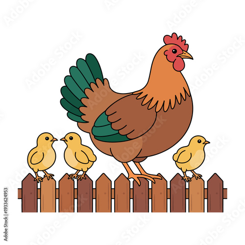 A mother hen and her chicks perched on a wooden fence in a farm setting.