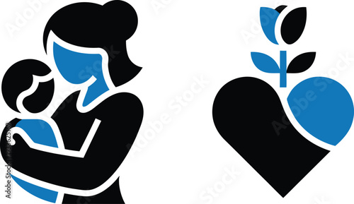 Black and blue silhouette of woman holding baby and heart with flower stem