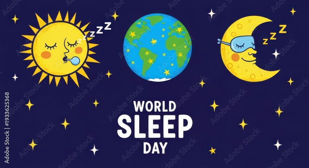 Fototapeta premium World sleep day illustration with sleeping sun, earth and moon in space