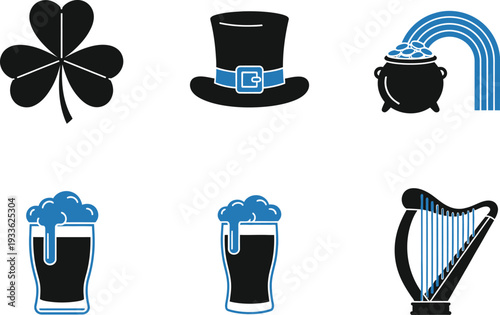 Black and blue St Patricks Day set with shamrock hat beer harp pot of gold and rainbow