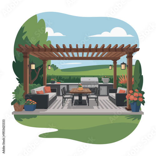 A serene outdoor patio with pergola and dining area in a natural setting
