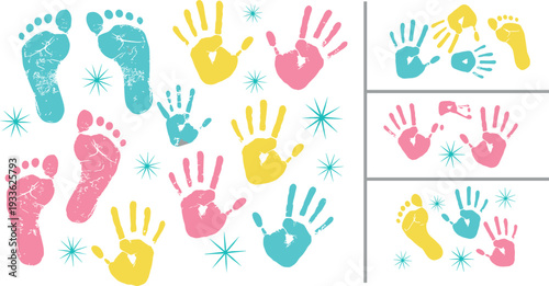 Baby handprints and footprints vector set with colorful paint stamps, nursery art elements and playful background design