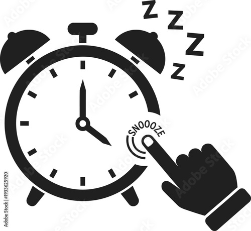 Black and white of a hand pressing snooze button on an alarm clock with sleep symbols finger
