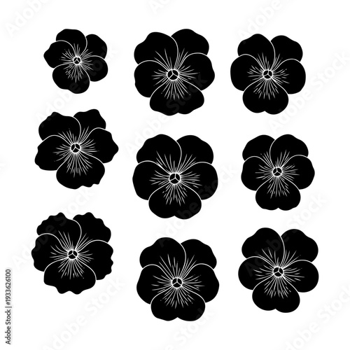 Collection of nine black floral silhouette icons on a white background