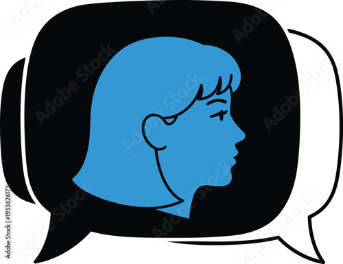 Blue female silhouette profile in black speech bubble on white background woman