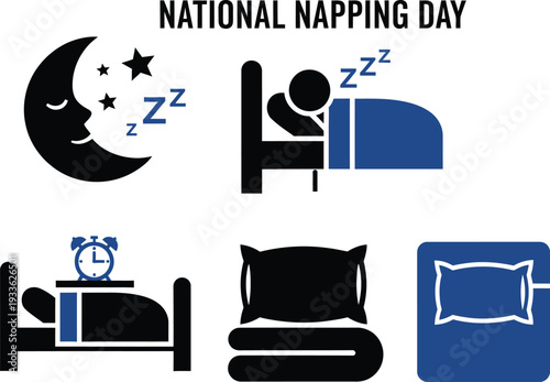 Flat set celebrating National Napping Day with moon stars bed alarm clock pillow mattress