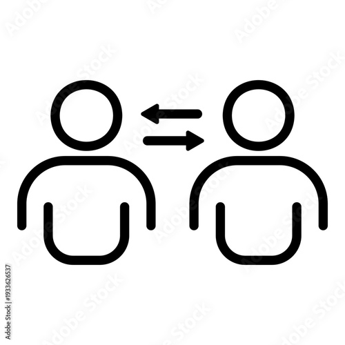 A professional line icon showing two figures with exchange arrows representing business collaboration and partnership