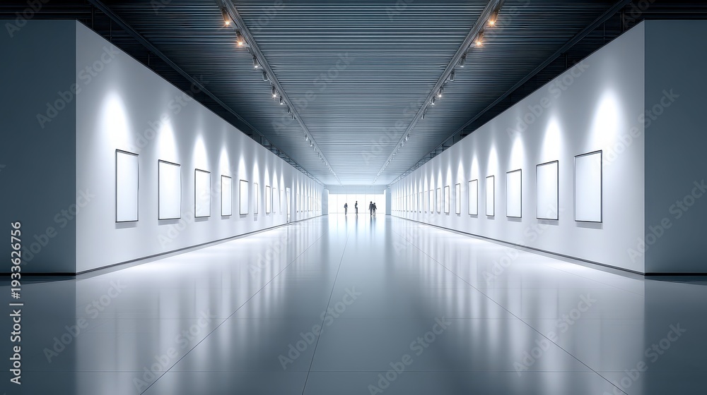 Fototapeta premium Modern Art Gallery Interior with Empty Frames and People Walking Towards Bright Exit Light