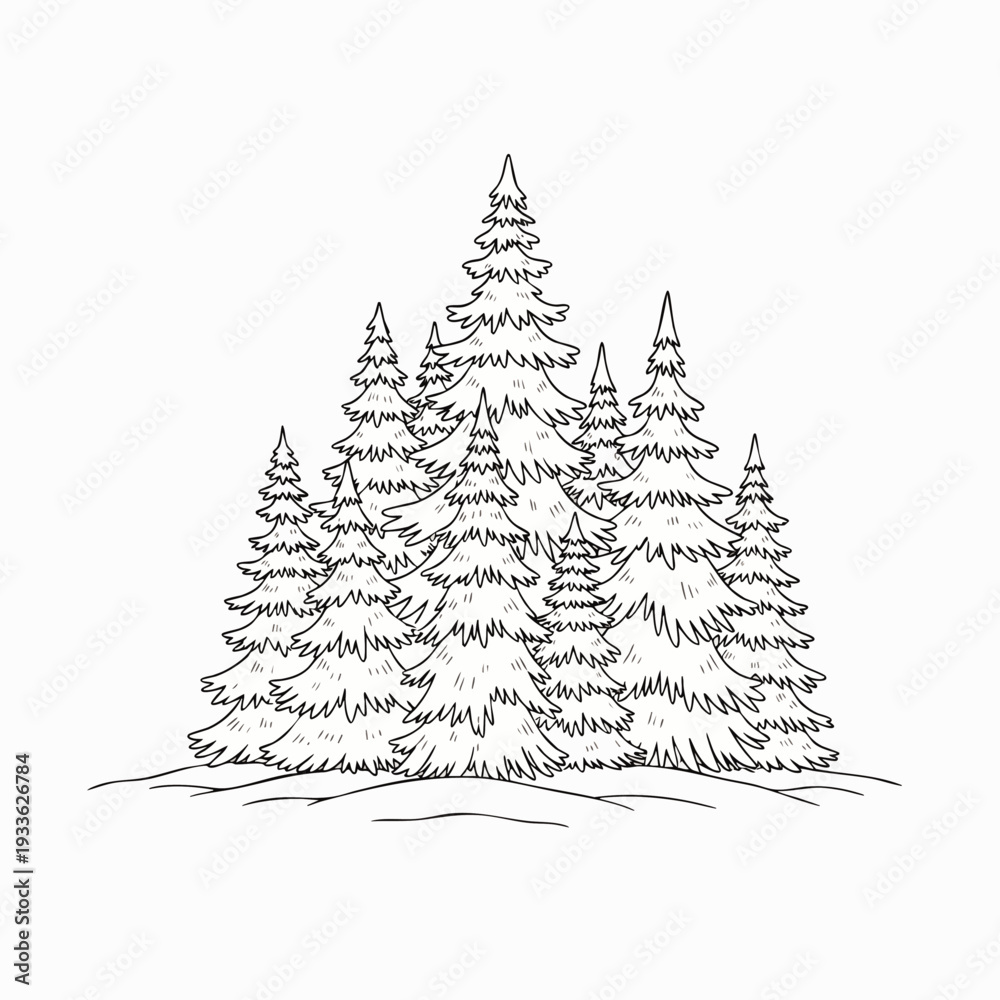 Obraz premium Hand-drawn outline illustration of a cluster of evergreen pine trees. Perfect for winter holiday designs, nature coloring books, or forest projects. Simple vector art.