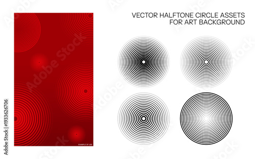 Vector halftone circle assets for art background, complete collection with examples of their use.