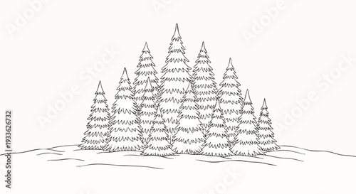 Hand-drawn minimalist outline of a cluster of evergreen fir trees on a gentle hill, ideal for holiday cards, nature-inspired decor, and seasonal projects.