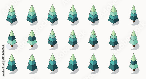 Collection of isometric stylized green pine trees with shadows, perfect for winter landscapes, Christmas designs, nature-themed illustrations, and game assets.