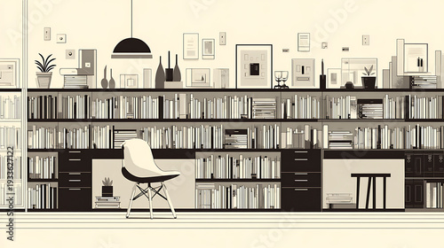 Cozy modern library with bookshelves and decor