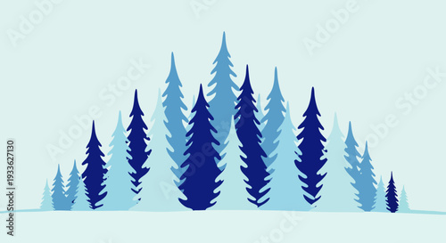 Minimalist blue pine forest illustration, serene winter landscape with stylized evergreen trees in varying shades of blue, graphic design background.