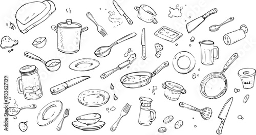 Kitchen Utensils Doodle: Hand-Drawn Cooking Tools, Seamless Pattern Illustration