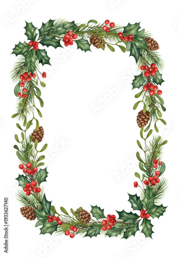 Intricate watercolor frame of deep green holly leaves, red berries, pinecones, and mistletoe branches, isolated on white paper canvas, concept for elegant holiday stationery