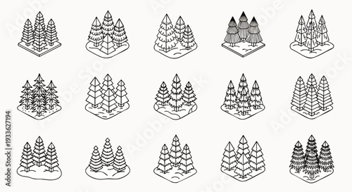 Isometric pine tree forest icon set. Black and white vector line art illustrations of conifer woods for maps, games, and graphic design assets.