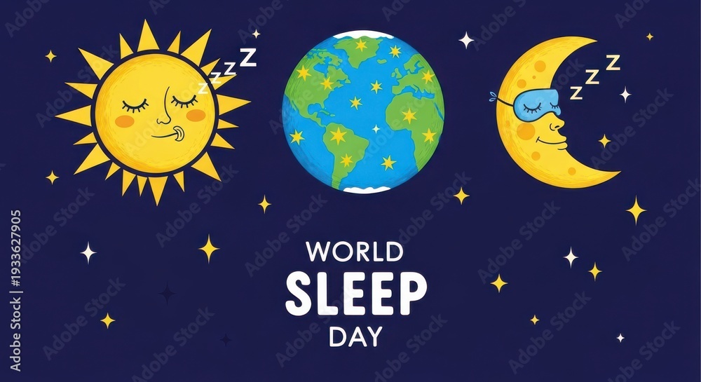 Naklejka premium World sleep day illustration with sun, earth, and moon sleeping peacefully in space