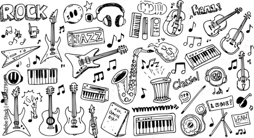 Musical Instruments Doodles: A Hand-Drawn Sketch of Rock, Jazz, Classical Music