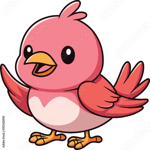 Cute pink cartoon bird character with open beak and spread wings, flat vector illustration isolated on white background, adorable mascot design for kids