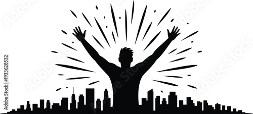 Silhouette of a Successful Man Raising Arms in Victory Above a City Skyline with Bursting Light Rays Isolated on a Clean White Background