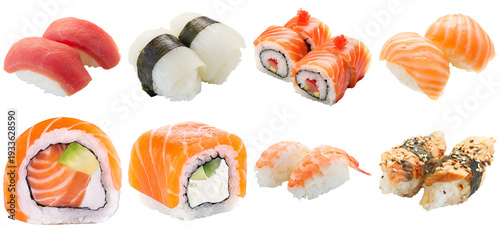 Quadro su tela diverse assortment of fresh, vibrant sushi and sashimi pieces, including nigiri and maki rolls, beautifully arranged on a dark backdrop