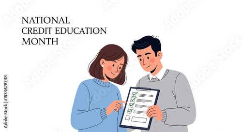 Illustration of a man and woman reviewing a financial document together during National Credit Education Month with a focus on literacy and planning.