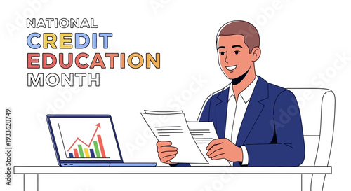 Illustration of a man in a blue suit reviewing financial documents and a laptop graph for National Credit Education Month with a professional and informative mood.