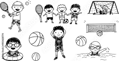 Black and white doodle illustration of happy children engaged in various sports activities including tennis, soccer, basketball, swimming, and water polo.