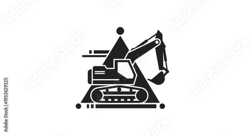 Excavator Machine Icon on Geometric Construction Site.