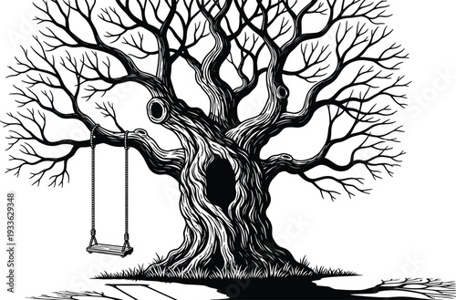 Ancient Oak Tree Vector Illustration with Rope Swing Hand Drawn Detailed Botanical Line Art Nature Scene for Nostalgic Landscape Design and Artistic Garden Backgrounds