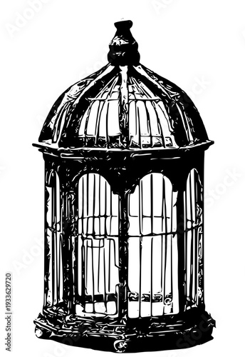Vintage ornate birdcage with open door and empty interior
