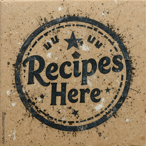 Recipes Here rubber stamp. Grunge design with dust scratches. Effects can be easily removed for a clean, crisp look. Color is easily changed.