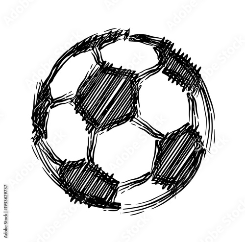 Hand drawn soccer ball in black ink on white background