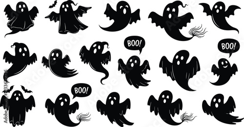 Black ghost silhouette set with cute spooky spirits in various flying poses with bats and boo speech bubbles for Halloween party decorations and design.
