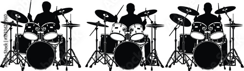 Black silhouette collection of a professional male drummer playing a full drum kit set with cymbals and sticks isolated on a white background