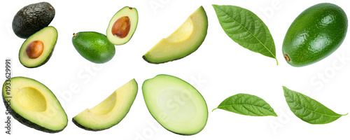Εκτύπωση καμβά fresh whole and sliced avocados with vibrant green leaves, beautifully isolated on a transparent background for healthy food concepts