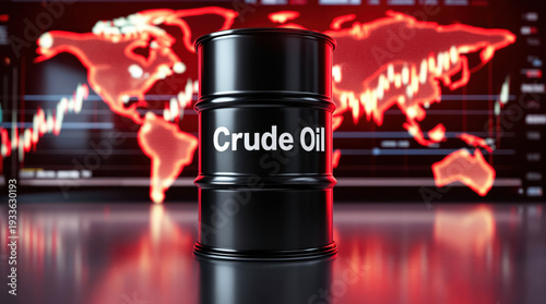 Black barrel labeled Crude Oil stands prominently against backdrop of red world map and fluctuating market graphs, symbolizing global