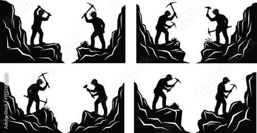 Black silhouette set of miners working in a quarry or cave featuring workers using pickaxes and hammers on rocky cliffs and stone mountains