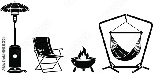 Black Silhouette Vector Set of Outdoor Living Equipment Featuring a Patio Heater Folding Deck Chair Fire Pit and Hammock Isolated on a White Background