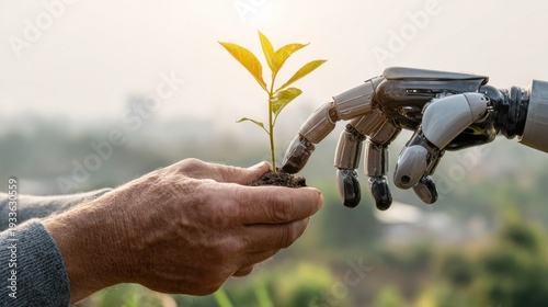 Human and robot hand touching a young plant, representing environmental protection and technological innovation